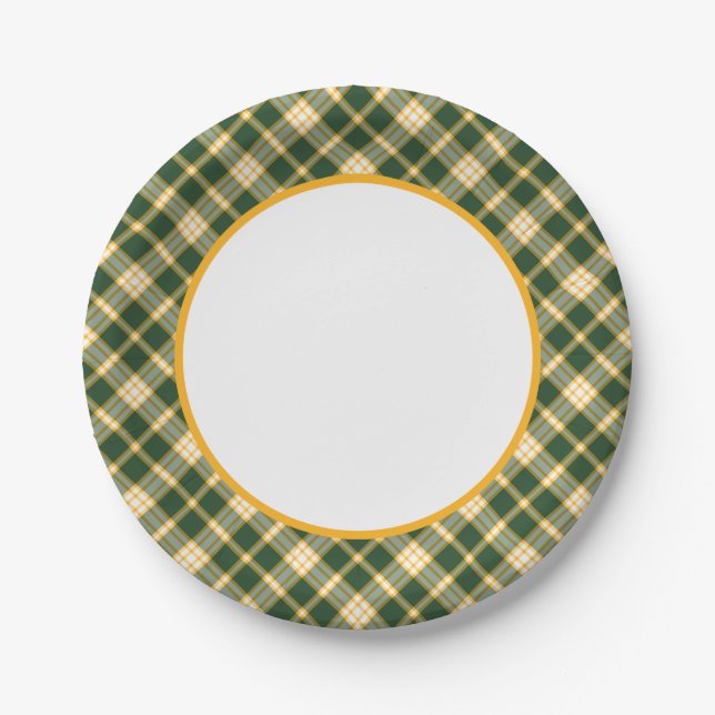 Assiettes En Carton Frontière sportive de plaid d'or vert-foncé et (Devant)