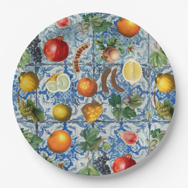Assiettes En Carton Fruit d'été méditerranéen & Mosaïque Bleue Blanc (Devant)