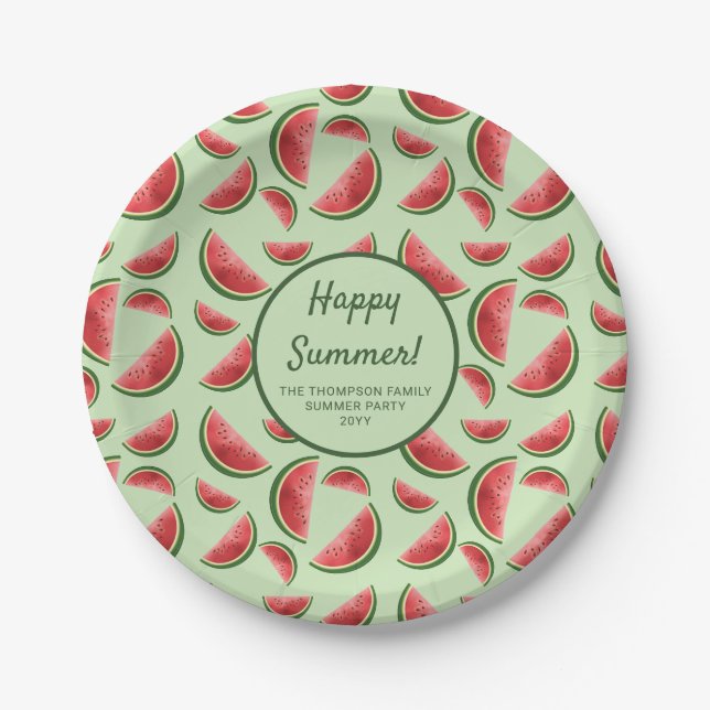 Assiettes En Carton Fruits de pastèque Motif sur Green Summer Party (Devant)