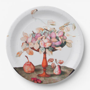 ASSIETTES EN CARTON FRUITS DE SAISON /JASMINES, PRUNES, PEARS
