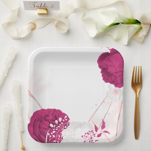 Assiettes En Carton fuchsia & blanc mariage floral (Mariage)