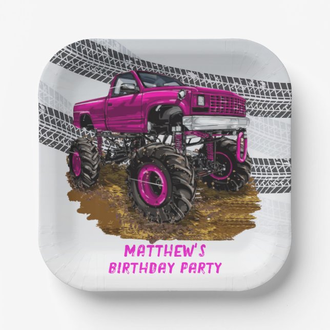 Assiettes En Carton Fuchsia Monster Truck Boy fête d'anniversaire (Recto)
