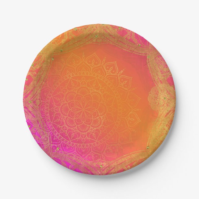 Assiettes En Carton Fuchsia Pink Orange & Gold Indian Mandala Party (Devant)