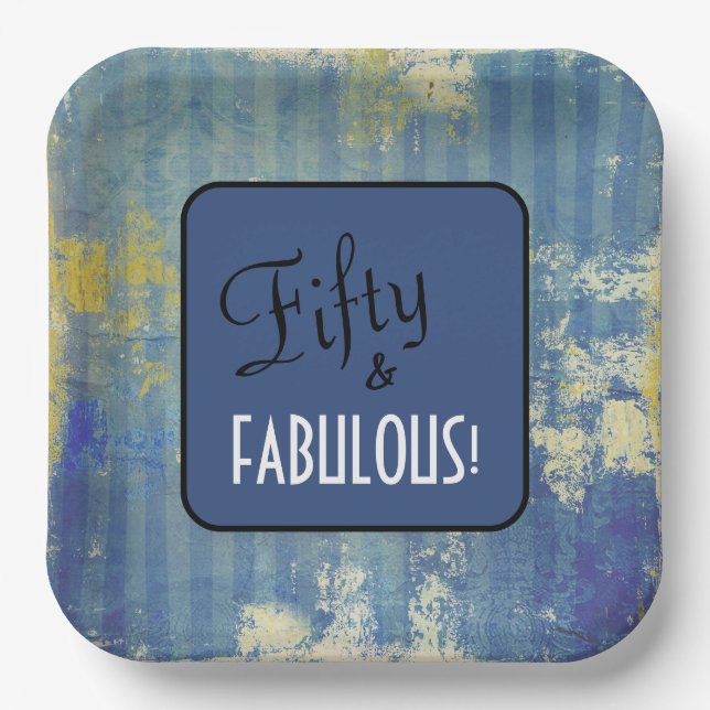 Assiettes En Carton Fun Blue Denim Motif Cinquante et FABULEUX! Annive (Recto)