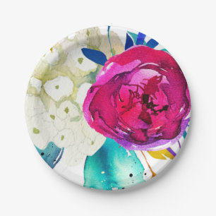 Assiettes En Carton Fun Bright Bold Watercolor Floral Color Splash