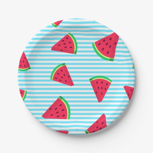 Assiettes En Carton Fun Chic Watermelon Slices Blue Lines Motif (Devant)