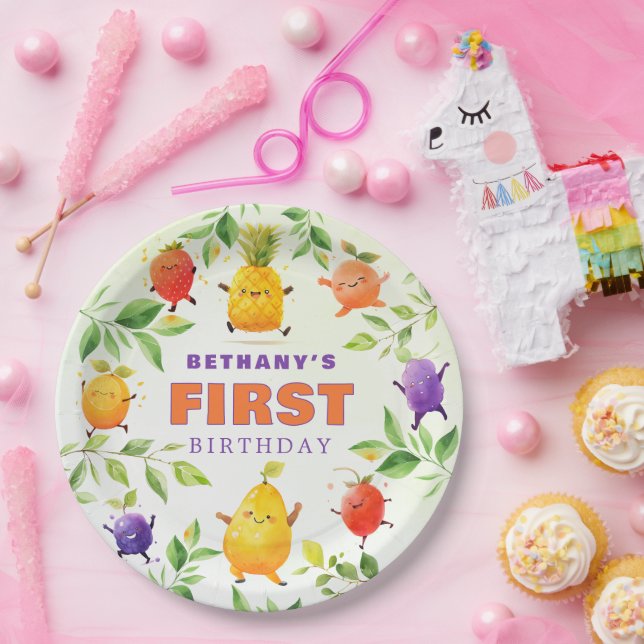 Assiettes En Carton Fun Dancing Fruit Premier anniversaire fête (Fête)