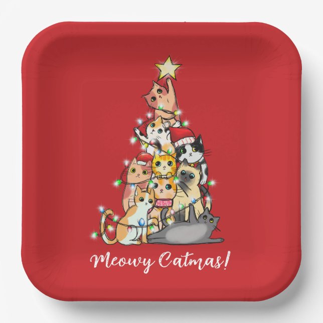 Assiettes En Carton Fun Meowa Catmas Chats Noël Arbre Personnalisé (Recto)