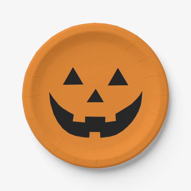 Assiettes En Carton Fun orange Jack-o'-lantern visage citrouille Hallo (Devant)