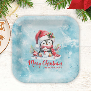 Assiettes En Carton Fun Penguin Bleu et Rouge Joyeux Noël