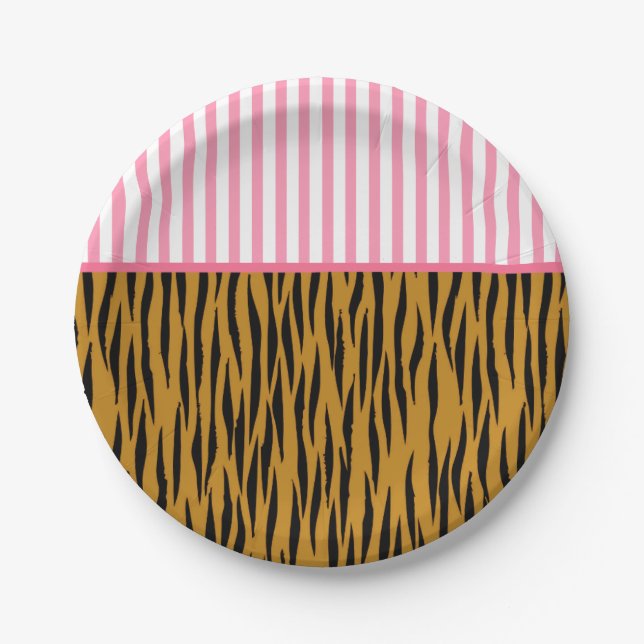 Assiettes En Carton Fun Pink Strips & Tigerprint (Devant)