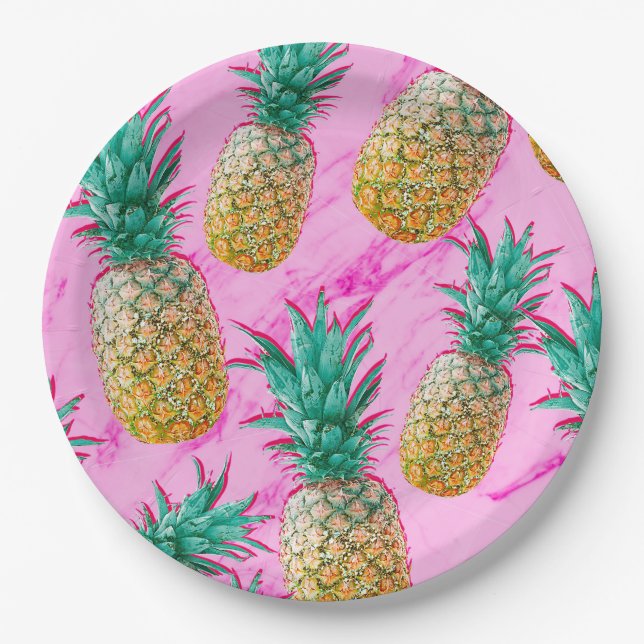 Assiettes En Carton Fun Tropical Ananas & Pink Marble Chic Party (Devant)