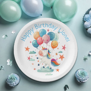 Assiettes En Carton Funny Flying Unicorn Rainbow Colors 1er anniversai