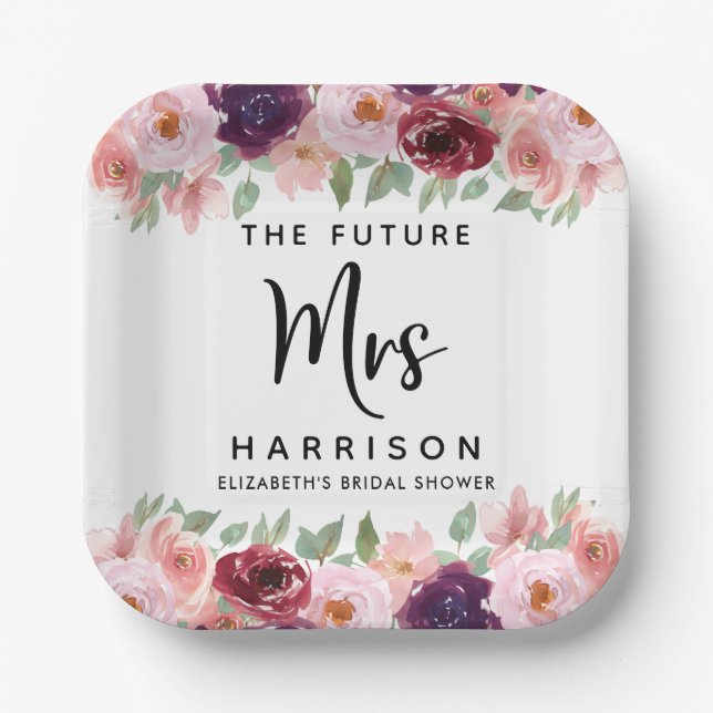 Assiettes En Carton Futur Mme Burgundy Fête des mariées florale (Recto)