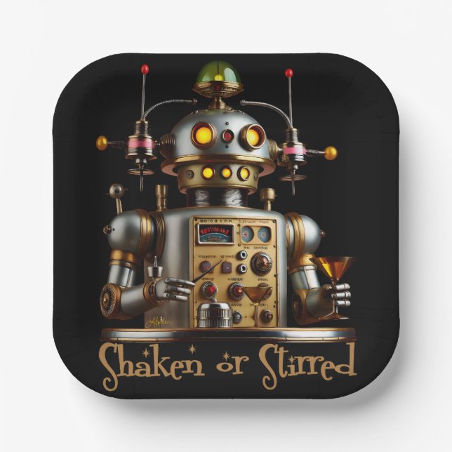 Assiettes En Carton Futuristic Robot Bartender "Shaken or Stirred" (Recto)