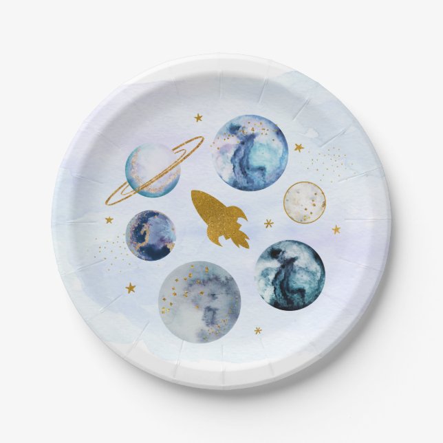 Assiettes En Carton Galaxy Blue Gold Espace extra-atmosphérique Annive (Devant)