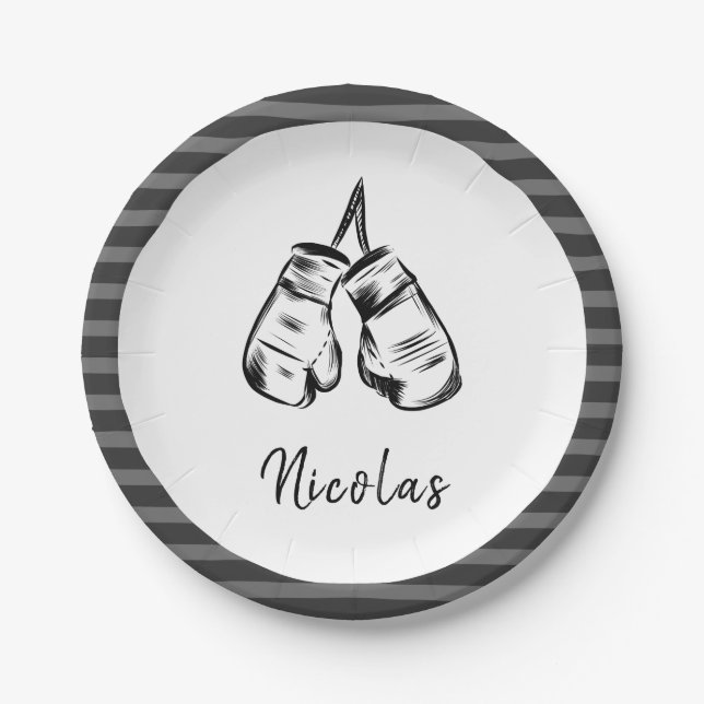 Assiettes En Carton Gants de boxe dessinés Conception rayée Personnali (Devant)
