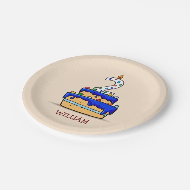 Assiettes En Carton Garçon 2e anniversaire, 2 sur le gâteau bleu doux (Angle)