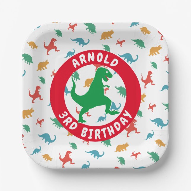 Assiettes En Carton Garçon 3e anniversaire Dinosaur Motif T-Rex (Recto)