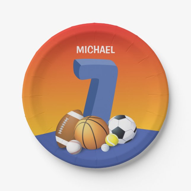 Assiettes En Carton Garçon 7e anniversaire Sports Balls (Devant)