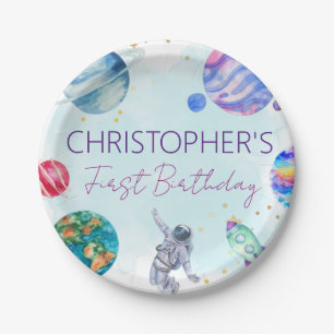 Assiettes En Carton Garçon Astronaut Gold Blue Rocket Ship Planet