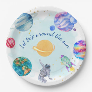 Assiettes En Carton Garçon Astronaut Gold Blue Rocket Ship Planet