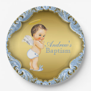 Assiettes En Carton Garçon Bleu Ange Doré Baptême
