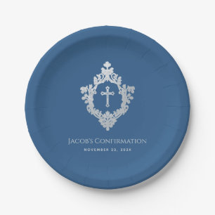Assiettes En Carton Garçon Confirmation Bleu Classique Vintage Croix C