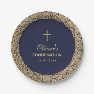 Assiettes En Carton Garçon Confirmation Bleu Marine Vintage Roses Doré