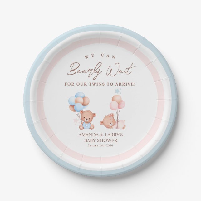 Assiettes En Carton Garçon Fille Twins Teddy Baby shower Ours (Devant)