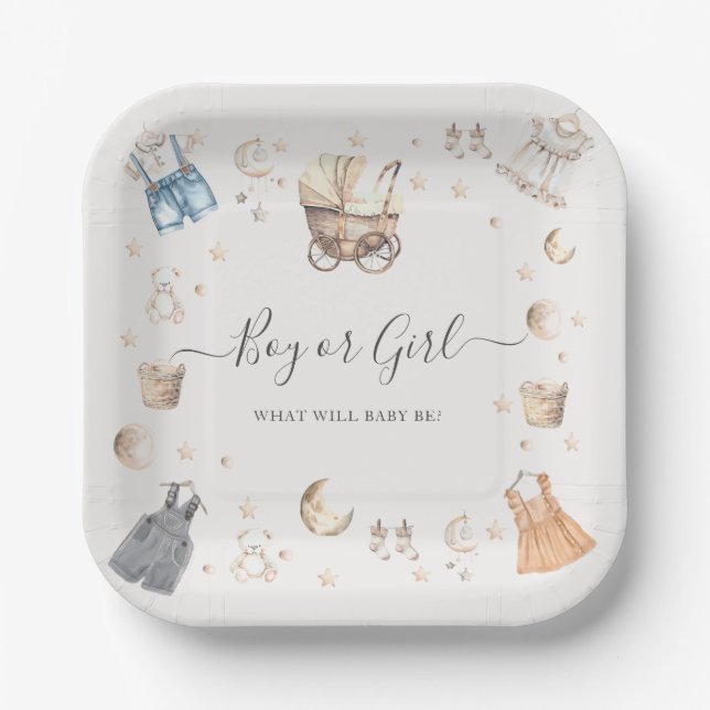 Assiettes En Carton Garçon ou fille Boho Nursery Baby Crib Genre Révél (Recto)
