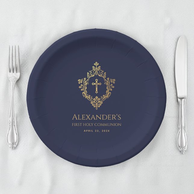 Assiettes En Carton Garçon Première Communion Marine Bleu Gold Crest É (Créateur téléchargé)