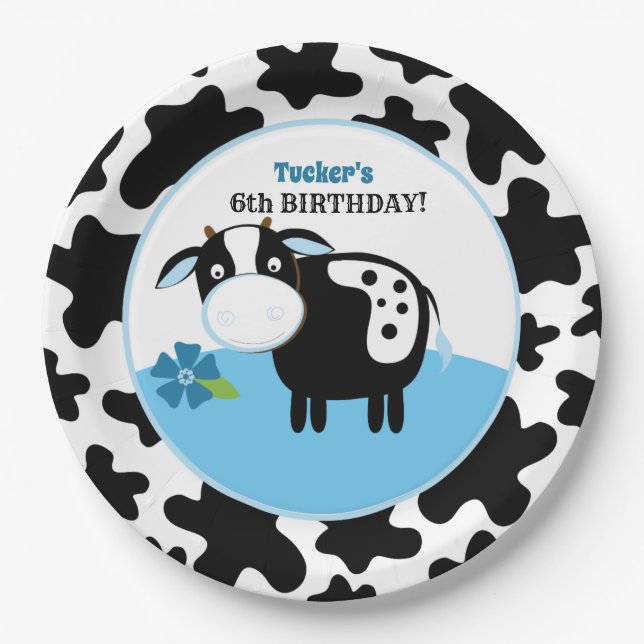 Assiettes En Carton Garçon Vache de ferme Plaques papier d'anniversair (Devant)