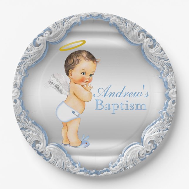 Assiettes En Carton Garçons Argent et Baptême de l'ange bleu (Devant)