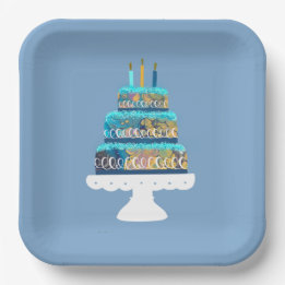 Assiettes En Carton Gâteau bleu avec bougies d'anniversaire