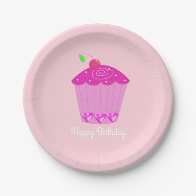 Assiettes En Carton Gâteau Cupcake Cerise Rose (Devant)