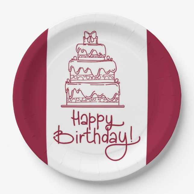 Assiettes En Carton Gâteau D'Anniversaire Rouge Et Blanc Joyeux (Devant)