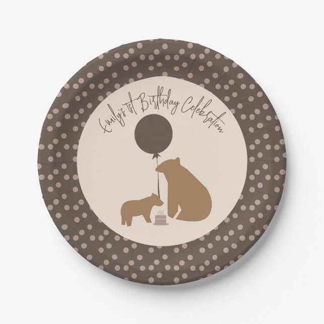 Assiettes En Carton Gâteau de ballons d'ours Brown Première fête d'ann (Devant)