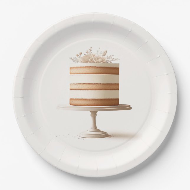 Assiettes En Carton Gâteau Élégant Blanc Fleurs Mariage (Devant)