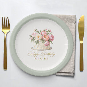 Assiettes En Carton Gâteau Floral Vert Sauge Fête d'Anniversaire Éléga