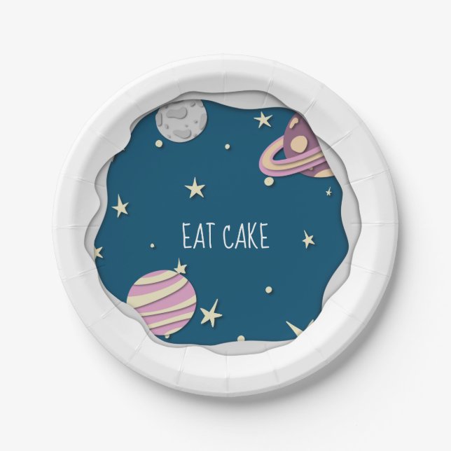 Assiettes En Carton Gâteau Galaxy Rose Bleu Étoiles & Planètes (Devant)