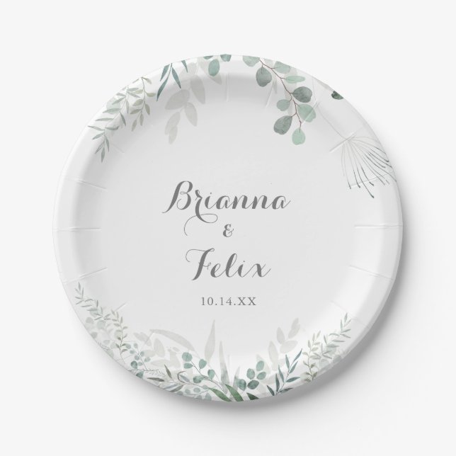 Assiettes En Carton Gâteau Mariage minimaliste Eucalyptus vert (Devant)