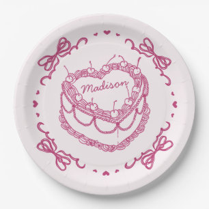 Assiettes En Carton Gâteau personnalisé Coquette Cerise à cœur Rétro R