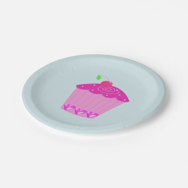 Assiettes En Carton Gâteau rose avec une cerise sur le dessus (Angle)