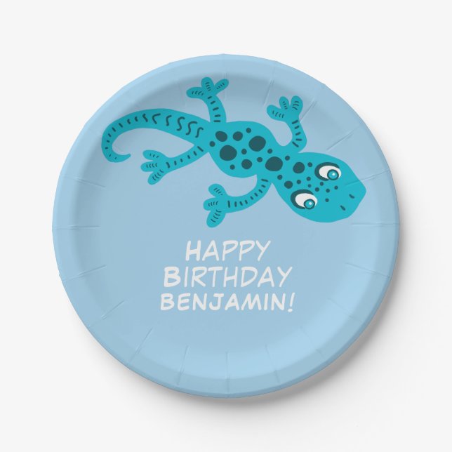 Assiettes En Carton Gecko Lizard Blue Nom personnalisé Anniversaire de (Devant)