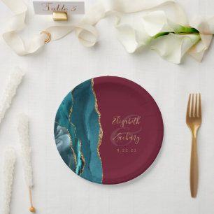 Assiettes En Carton Géode Agate Turquoise Gold Burgundy Mariage