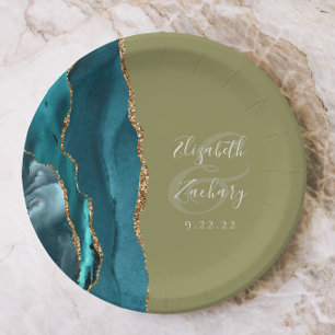 Assiettes En Carton Géode Agate Turquoise Gold Olive Green Mariage