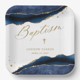 Assiettes En Carton Géode bleu marine élégant avec croix dorée Baptê