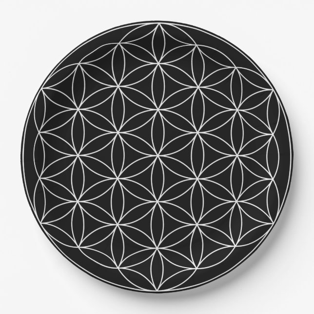 Assiettes En Carton Géométrie sacrée : Fleur de vie Noir & Blanc (Devant)