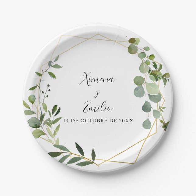 Assiettes En Carton Géométrique Tropical Green Mariage espagnol gâteau (Devant)